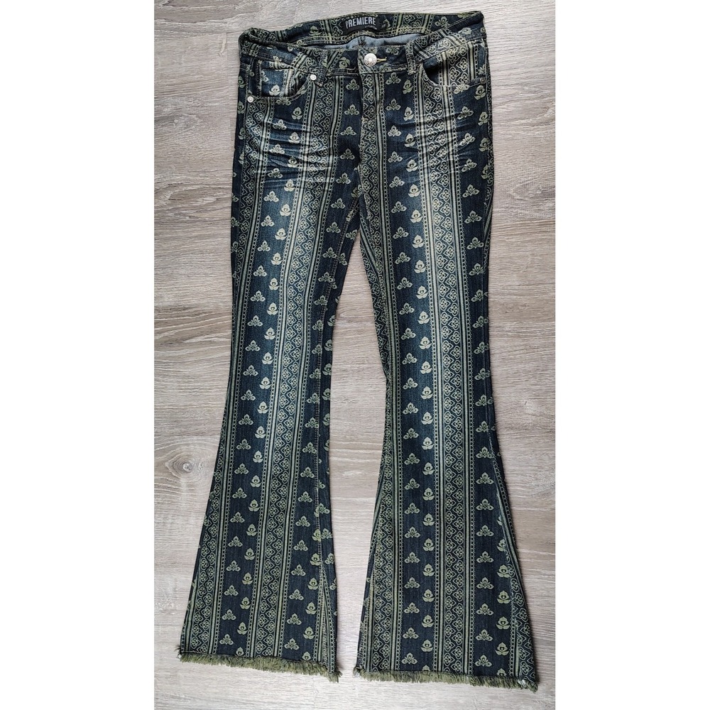 Premiere Rue 21 Sz 1/2‎ Regular Flared Jeans Mantra Raw Fringe Hem Low Rise Boho